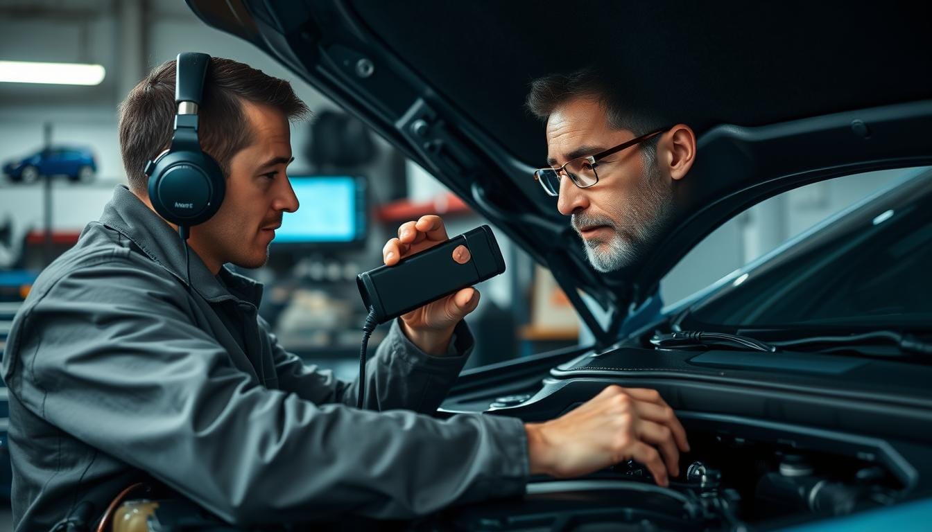 Araç ses analizi yapan bir mühendis motor bölümünü dinliyor